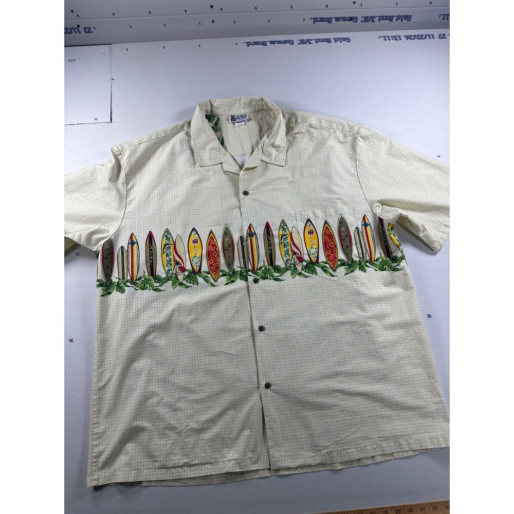 Aloha Republic Mens 4XL Surfboard Graphic Camp Shirt Made in Hawaii Yellow Check